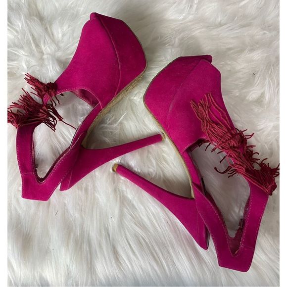 Dollhouse Barbie Hot Pink Fringe Open Toe Platform Sandal Size 7 - Picture 7 of 9